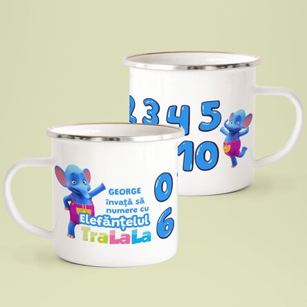 Cană emailată personalizată cu nume - Învățăm să numărăm cu Elefănțelul TraLaLa