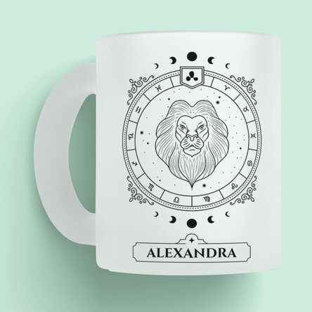 Cană sticlă mată personalizată cu nume și zodie - Leu