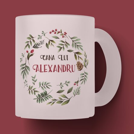 Cană sticlă mată personalizată cu ren pentru el - model de Crăciun