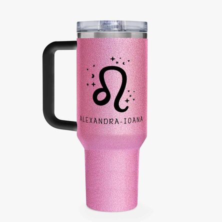 Cană termos cu mâner și pai personalizată cu mesaj - Zodia Leu