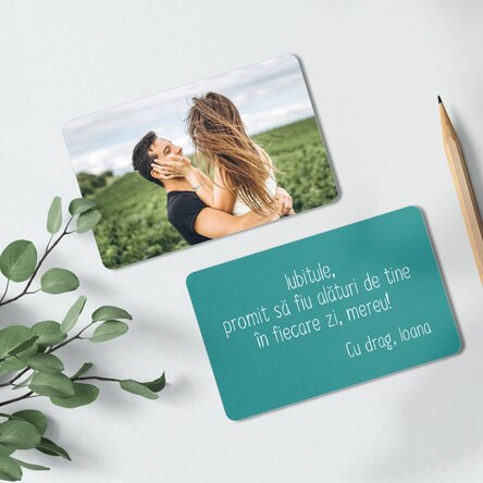 Card aluminiu personalizat față-verso cu o poză și mesaj