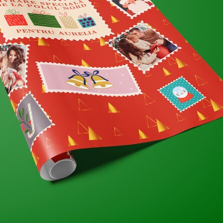 Hârtie de împachetat cadouri personalizată cu 4 poze și text - Timbre de Crăciun