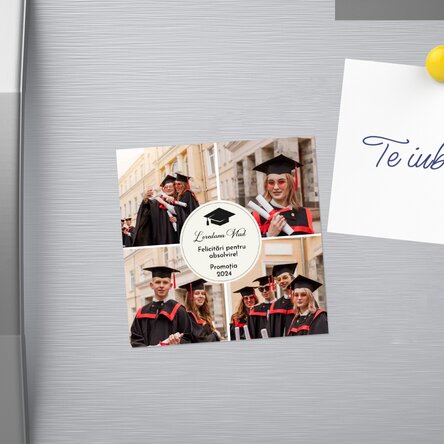 Magnet 10x10 cm personalizat cu 4 poze și text - Absolvire