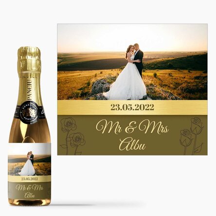 Mini sticluță de vin spumant mărturie personalizată cu o poză și text - Mr & Mrs
