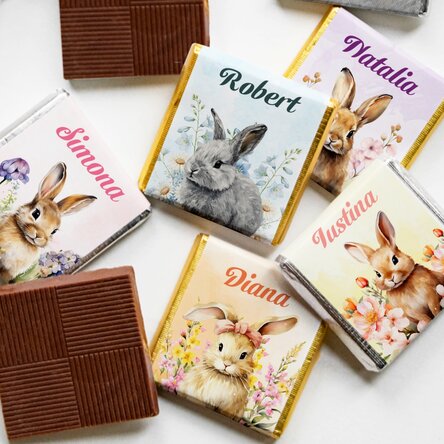 Set 5 mini ciocolățele personalizate cu text - Iepurași de Paște