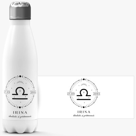 Termos cu bază albă personalizat cu text și zodia Balanță