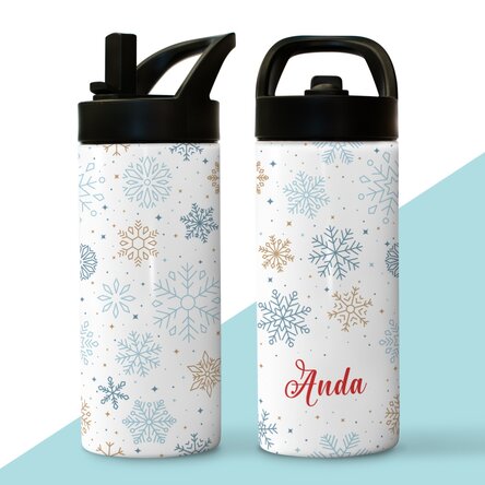 Termos cu mâner și pai personalizat cu nume -  Fulgi de nea