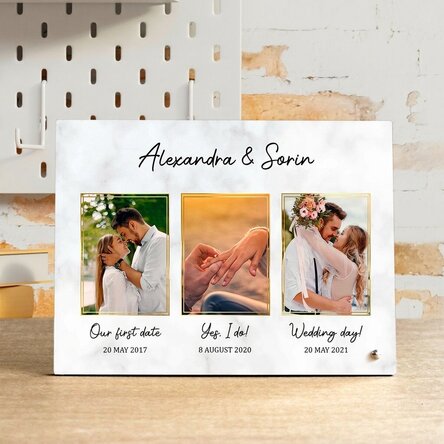 Personalised desk photo frame with 3 photos and text - Our love story