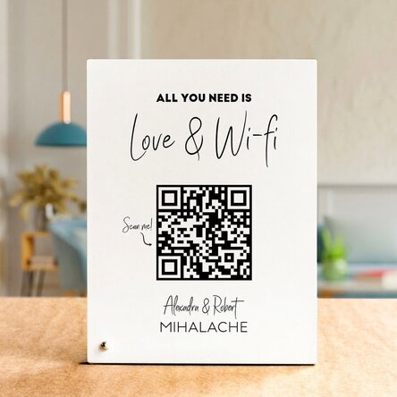 Personalised desk photo frame with text and QR code - Scan for Wifi (white background)