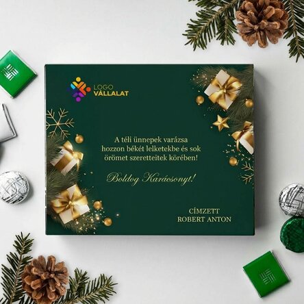 Személyre szabott csokoládédoboz logóval és szöveggel – Boldog ünnepeket!