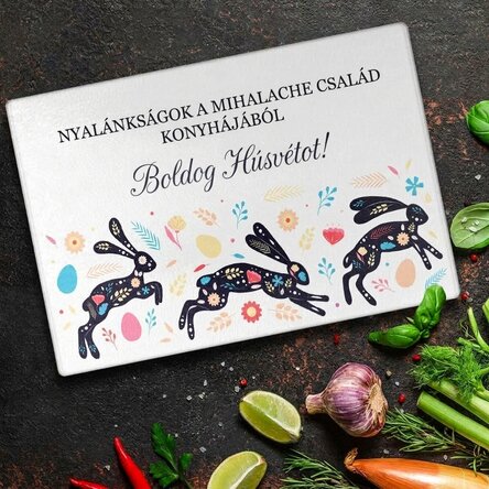 Személyre szabott üveg vágódeszka szöveggel - Boldog húsvétot!