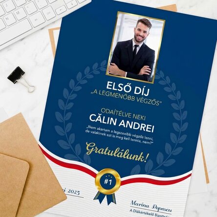Személyre szabott oklevél fotóval és szöveggel – Legjobb diplomás