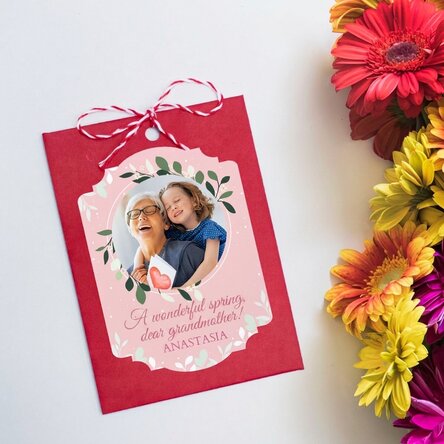 Personalised plantable Martisor with a photo and message for grandma