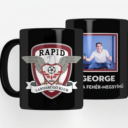 FC Rapid fekete bögre, fotóval és szöveggel személyre szabva – Fehér és lila szerelem