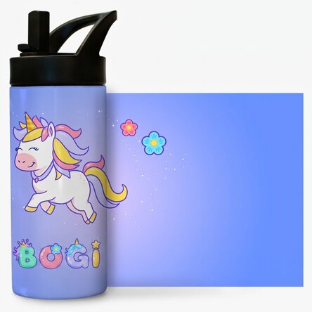 Névvel személyre szabott hordozható termosz fogantyúval és szívószállal - Unicorn