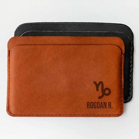 Personalised leather wallet with name and Capricorn zodiac sign