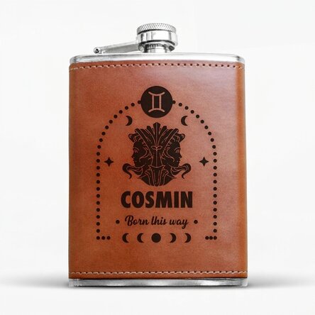 Leather-covered pocket flask personalised with text and zodiac sign - Gemini