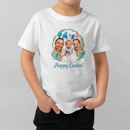 Customised cotton T-shirt for children with a photo and message - Happy Easter!