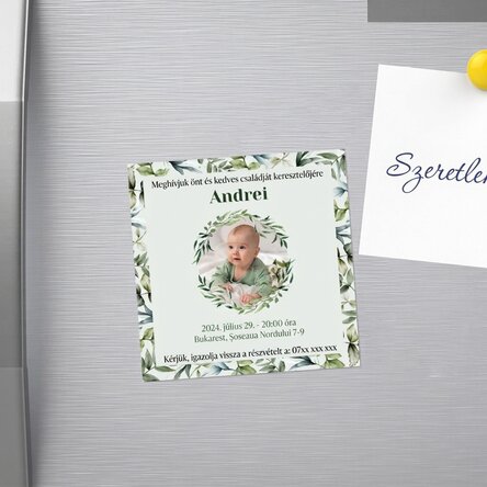 10x10-es mágnes, személyre szabott fotóval és szöveggel – keresztelői meghívó