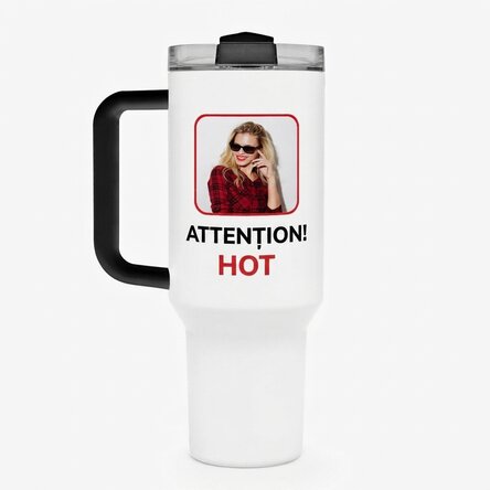 Thermos mug with handle and straw, personalised with a photo and text - Hot