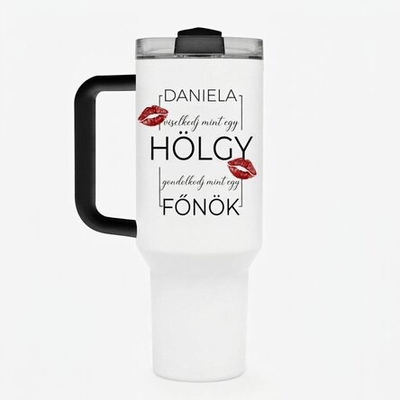 Fogantyúval és szívószállal ellátott termosz bögre, személyre szabott felirattal – Gondolkodj úgy, m