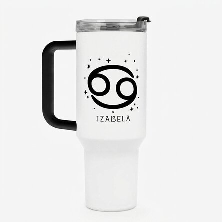 Thermos mug with handle and straw, personalised with text - Cancer zodiac sign