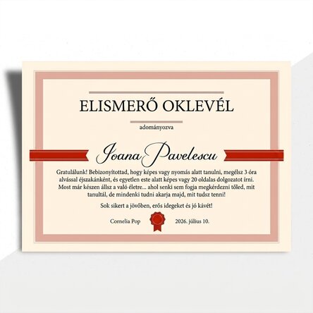 Személyre szabott oklevél szöveggel - Érdemoklevél