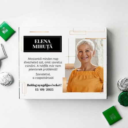 Személyre szabott csokoládés doboz üzenettel és fotóval – Nyugdíjazás