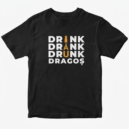 Egyedi pamut póló szöveggel - Drink, drank, drunk (Iszik, ivott, részeg)