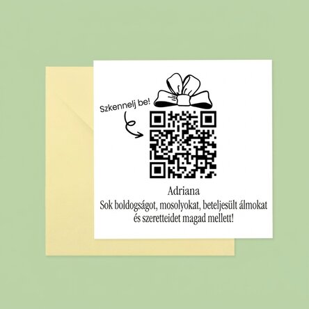 Személyre szabott négyzet alakú kártya üzenettel és QR-kóddal – Boldog születésnapot!
