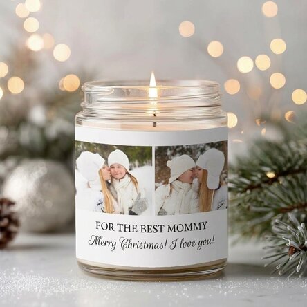 Large scented candle personalised with 2 photos and text