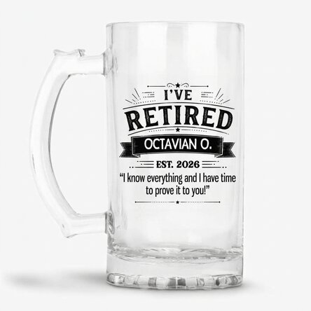 Personalised beer mug with text – Retired