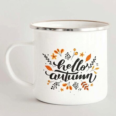 Enamelled metal mug with text - hello autumn