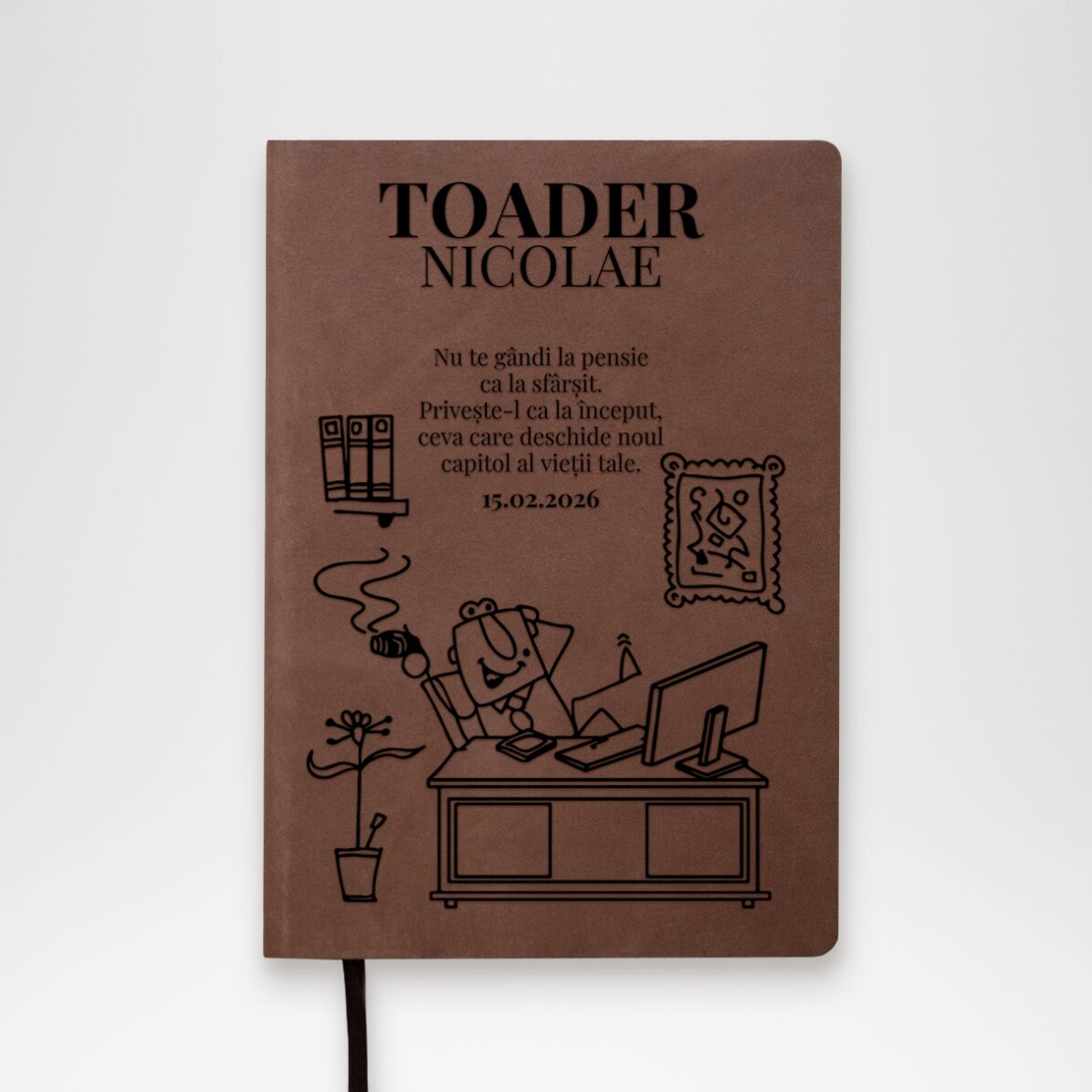 Agendă din piele personalizată cu mesaj pentru pensionare