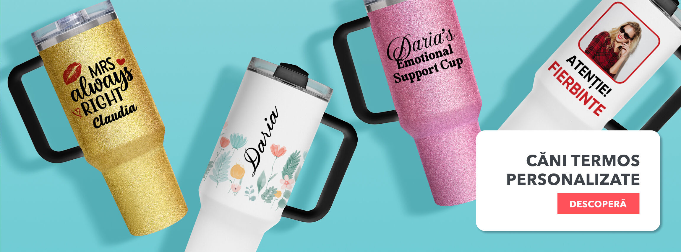 Căni termos cu mâner și pai personalizate