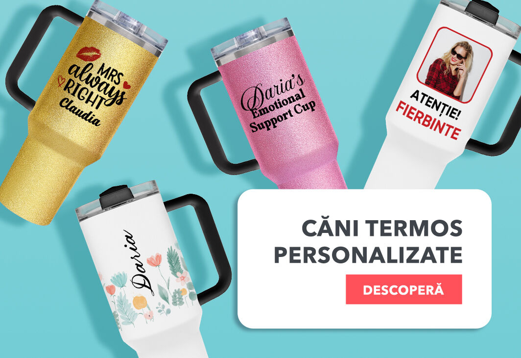 Căni termos cu mâner și pai personalizate