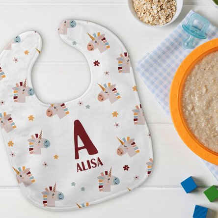 Bavețică bebe personalizată cu nume - Unicorni
