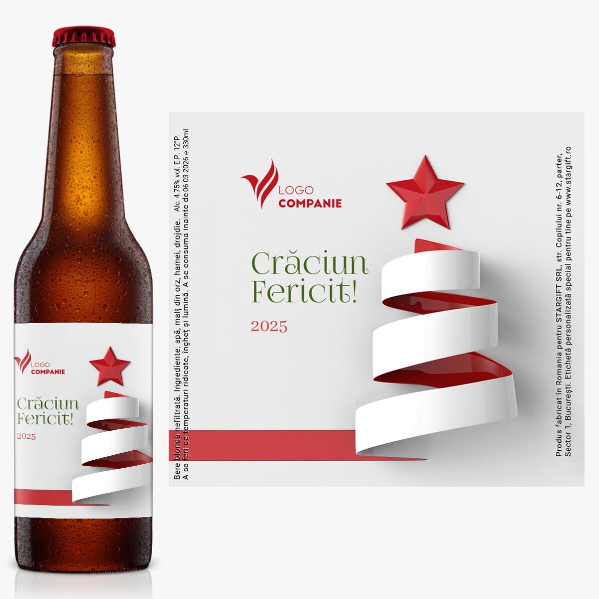 Bere personalizată cu logo și mesaj - Crăciun Fericit!