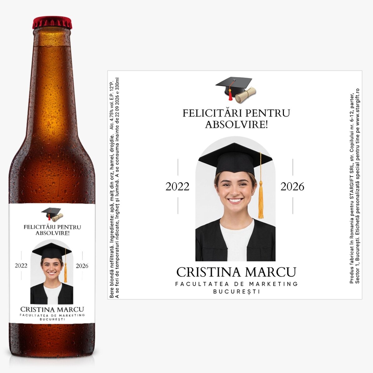 Bere personalizată cu mesaj și poză - Absolvire