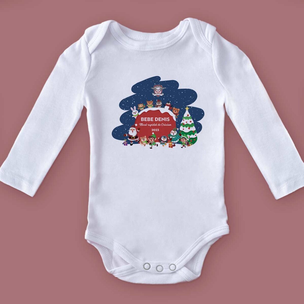 Body pentru copii FC Rapid personalizat cu text - Animăluțe de Crăciun