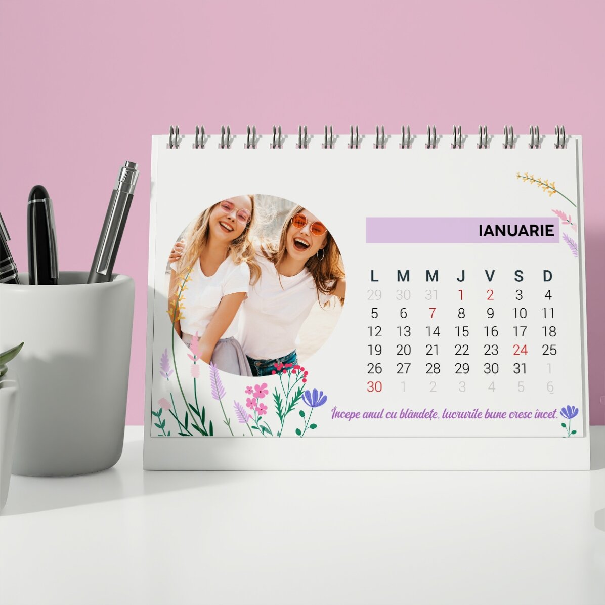 Calendar de birou personalizat cu fotografii și text - Floral