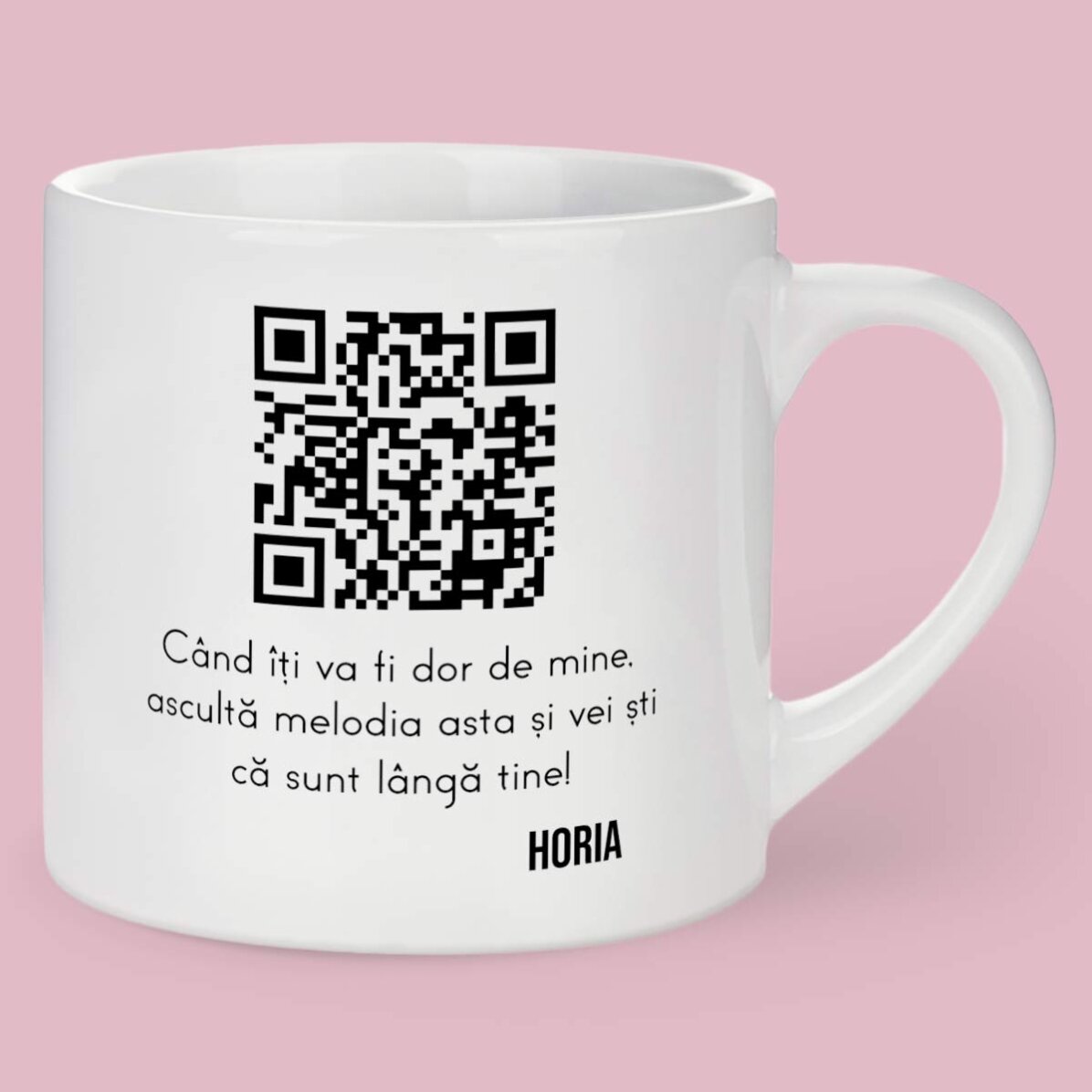 Cană espresso personalizată cu o poză, mesaj și cod QR