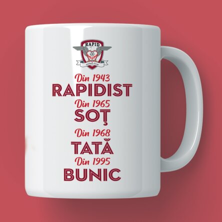 Cană FC Rapid personalizată cu text - Istoria bunicului rapidist