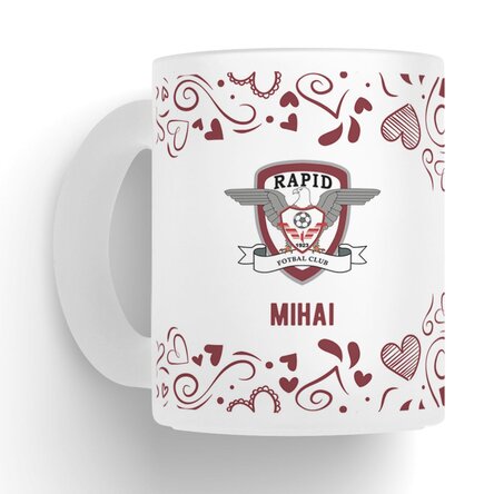 Cană sticlă mată FC Rapid personalizată cu text - Inimi vișinii