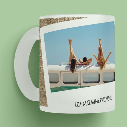 Cană sticlă mată personalizată cu 2 poze și text - Amintiri de neuitat