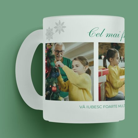 Cană sticlă mată personalizată cu 4 poze și mesaj de Crăciun pentru bunici 