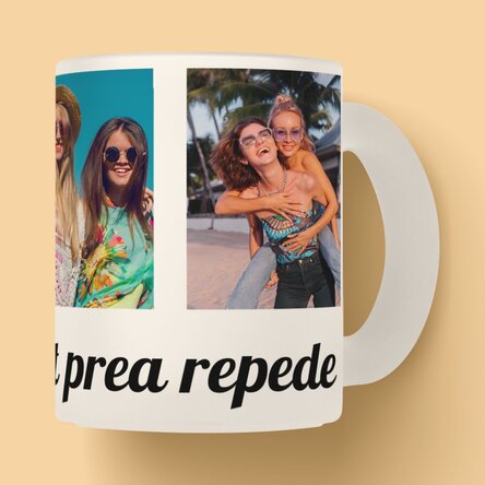 Cană sticlă mată personalizată cu 4 poze și mesaj 