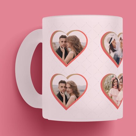 Cană sticlă mată personalizată cu 8 poze în formă de inimă 