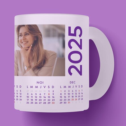 Cană sticlă mată personalizată cu calendar și o poză 