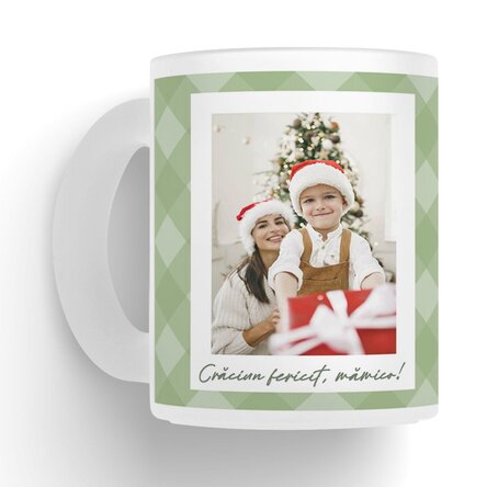 Cană sticlă mată personalizată cu două poze și text - Carouri verzi